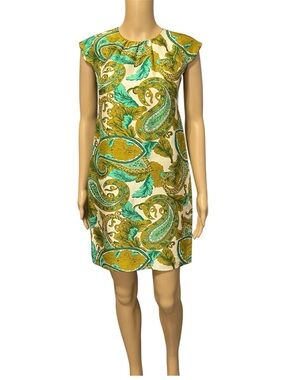 Milly Green & Gold Paisley Silk Fully Lined Shift Dress Size S